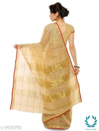 Kota Doria Cotton Zari Stripes Checks saree with Unstitched Blouse piece - Cream, Pack of:1, Cotton Blend, 5.5m+1m